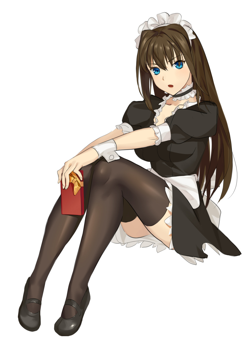 1girl absurdres alternate_costume aozaki_aoko apron bangs black_dress black_footwear black_legwear blue_eyes box breasts commentary_request cqqz0707 dress enmaided eyebrows_visible_through_hair frills gift gift_box hair_between_eyes highres holding holding_gift large_breasts long_hair looking_at_viewer mahou_tsukai_no_yoru maid maid_headdress open_mouth pantyhose puffy_short_sleeves puffy_sleeves short_sleeves simple_background sitting solo waist_apron white_apron white_background