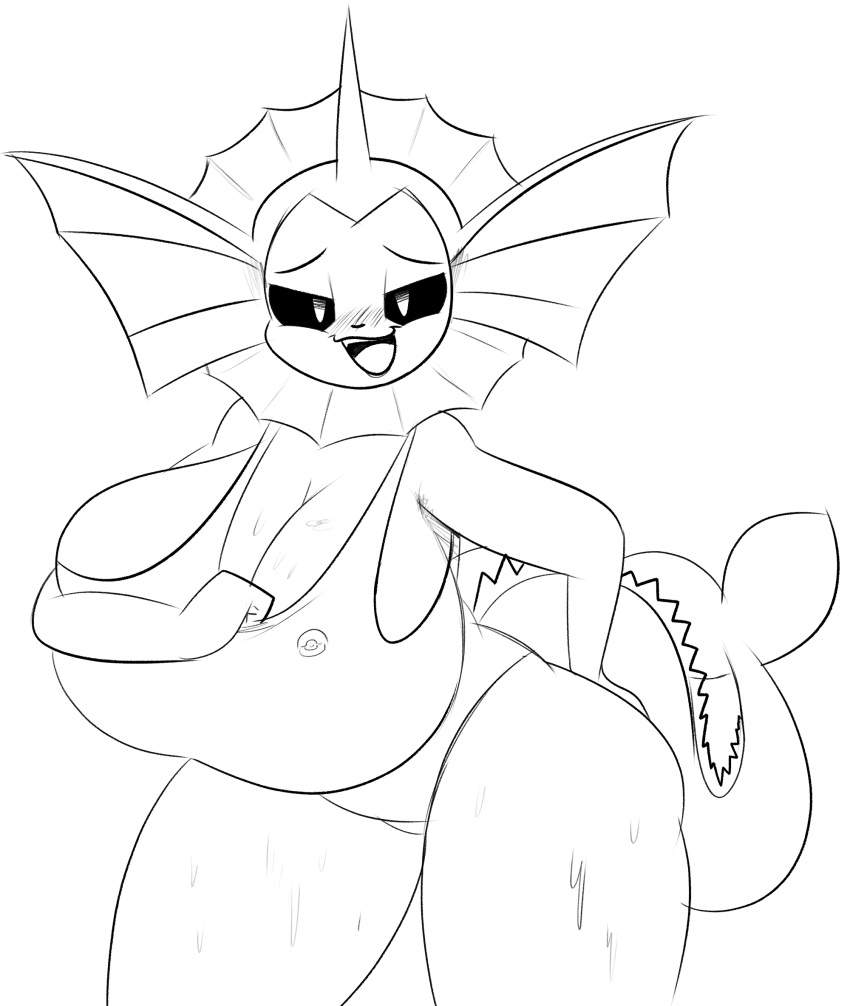 anthro big_breasts blush breasts cleavage clothed clothing eeveelution female hand_on_butt hi_res huge_breasts looking_at_viewer nintendo open_mouth ota_(artist) pok&eacute;mon pok&eacute;mon_(species) simple_background sketch solo swimwear thick_thighs vaporeon video_games wet