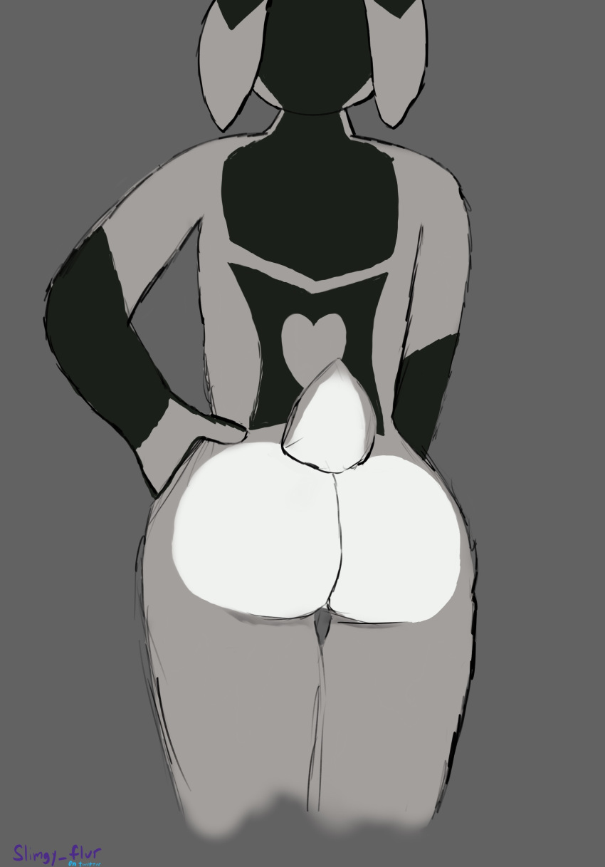 anthro butt butt_focus ears_down fur fur_markings grey_body grey_fur hi_res hybrid male markings minikane pivoted_ears rear_view slimgy_flur solo thigh_gap