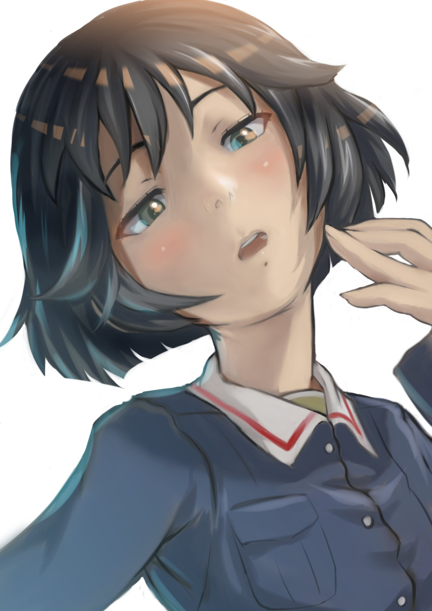 1girl absurdres aqua_eyes bangs black_hair bob_cut close-up commentary girls_und_panzer grey_jacket hair_between_eyes hand_to_head head_tilt highres jacket kuroneko_douji long_sleeves looking_at_viewer military military_uniform ooarai_military_uniform open_mouth parted_lips portrait raised_eyebrows revision short_hair simple_background solo teeth uniform upper_teeth utsugi_yuuki white_background