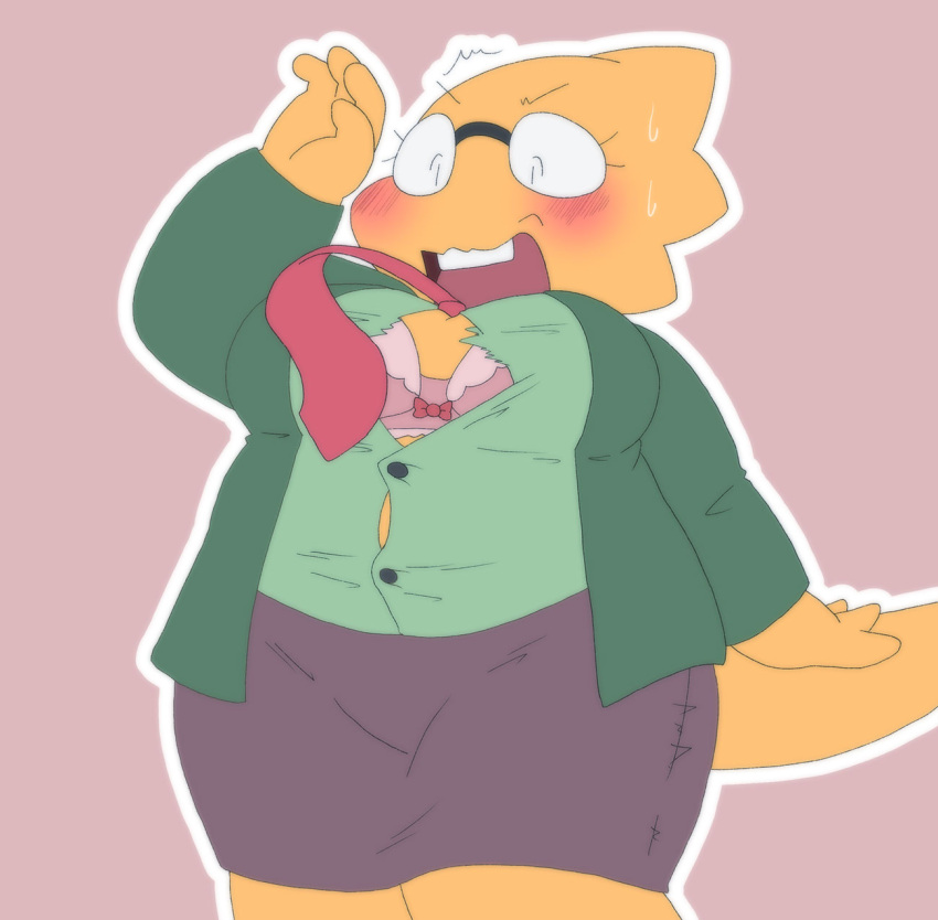 alphys alpi anthro belly big_breasts blush bodily_fluids bottomwear bra breasts buckteeth button_pop chubby_anthro chubby_female clothed clothing deltarune dress_shirt eyewear female front_view glasses hi_res jacket lizard looking_at_breasts looking_at_own_breasts looking_at_self looking_down looking_down_at_self necktie non-mammal_breasts open_clothing open_mouth open_shirt open_topwear portrait reptile scales scalie shirt short_stack simple_background skirt slightly_chubby solo standing surprise sweat teeth thick_tail thick_thighs three-quarter_portrait topwear torn_clothing torn_shirt torn_topwear undertale_(series) underwear video_games wardrobe_malfunction yellow_body yellow_scales