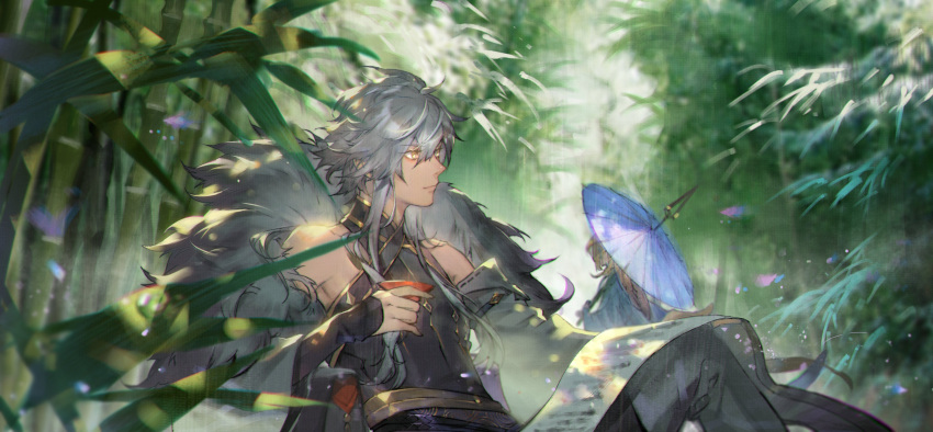 1boy 1girl absurdres bamboo bamboo_forest bangs black_bodysuit black_sleeves bodysuit chinese_commentary closed_mouth coat commentary cup detached_sleeves facing_to_the_side forest fur-trimmed_coat fur_trim grey_hair highres holding holding_cup holding_umbrella kyoku_ryuushou_(masterwork_apocalypse) leaf long_hair long_sleeves looking_to_the_side male_focus masterwork_apocalypse nature official_art oil-paper_umbrella outdoors sakazuki second-party_source sidelocks sleeveless_bodysuit solo_focus turtleneck umbrella upper_body white_coat xiling yellow_eyes yunei_(masterwork_apocalypse)