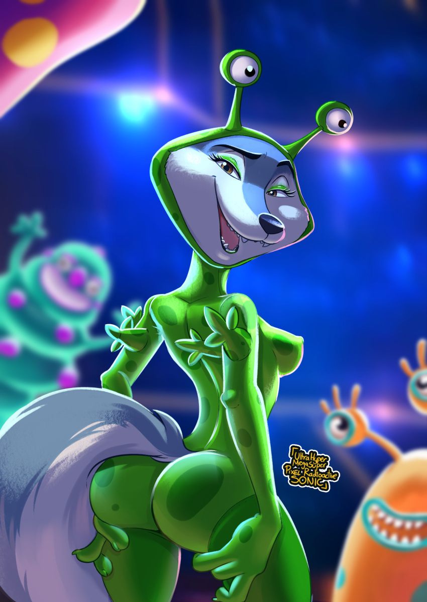 2022 absurd_res alien anthro butt canid canine canis clothed clothing digital_drawing_(artwork) digital_media_(artwork) eyeshadow female fingers fur green hi_res illumination_entertainment leotard looking_at_viewer looking_back makeup mammal open_mouth porsha_crystal presenting presenting_hindquarters signature sing_(movie) skinny solo stage stage_lights teenager uhmsprs wolf young