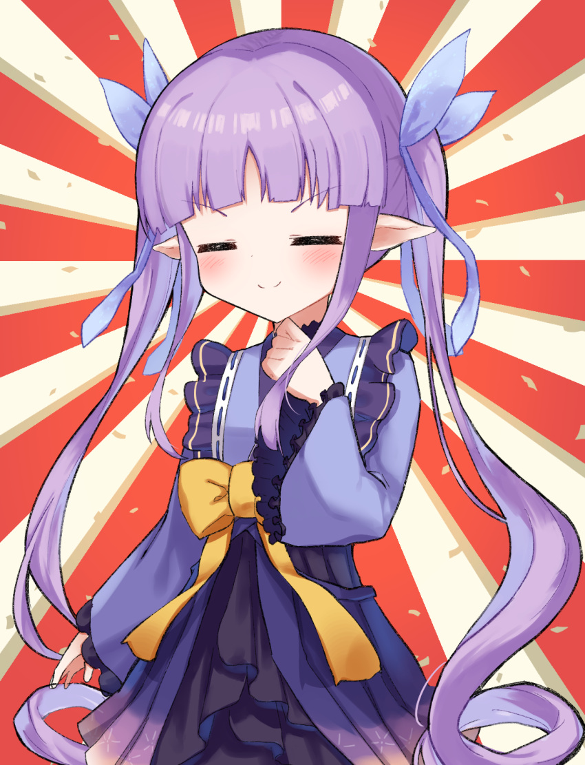 1girl animal_ears bangs blue_ribbon blush eyebrows_visible_through_hair hair_ribbon highres japanese_clothes kimono kyouka_(princess_connect!) long_hair long_sleeves pointy_ears princess_connect! purple_hair ribbon solo very_long_hair waon_(43ctw) wide_sleeves