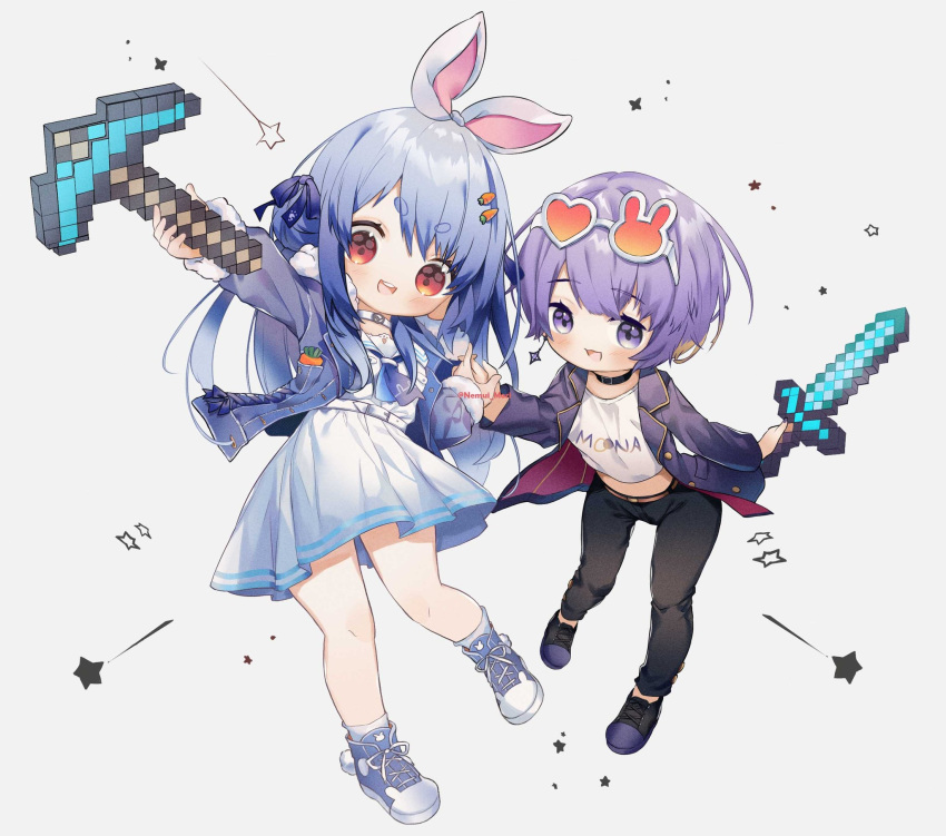 2girls :d bangs black_pants blue_footwear blue_hair blue_jacket blush carrot_hair_ornament commentary dress english_commentary eyebrows_visible_through_hair eyewear_on_head food-themed_hair_ornament hair_ornament heart heart-shaped_eyewear highres holding holding_hands holding_pickaxe holding_sword holding_weapon hololive hololive_indonesia jacket long_hair long_sleeves looking_at_viewer minecraft minecraft_pickaxe minecraft_sword moona_hoshinova multiple_girls nemui_mori open_clothes open_jacket pants pickaxe purple_eyes purple_hair purple_jacket red_eyes shirt shoes short_eyebrows short_hair smile star_(symbol) sunglasses sword thick_eyebrows usada_pekora v-shaped_eyebrows virtual_youtuber weapon white_dress white_shirt