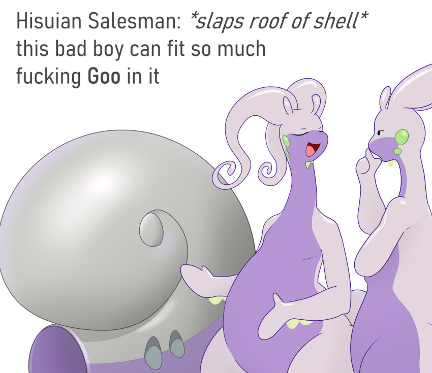 ambiguous_gender anthro duo english_text eyes_closed gastropod_shell goodra lysergide meme mollusk_shell nintendo nude open_mouth parody pok&eacute;mon pok&eacute;mon_(species) profanity purple_body shell simple_background slaps_roof_of_car text video_games