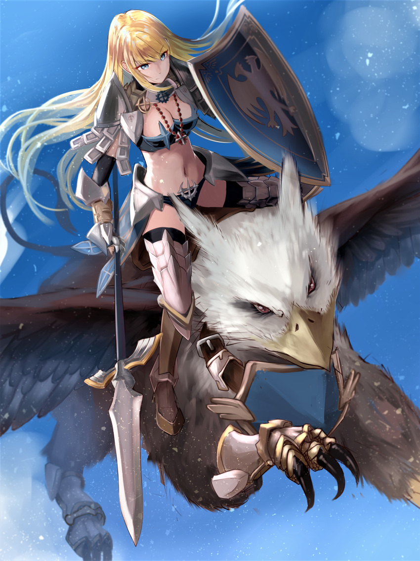 1girl absurdres armor armored_boots bangs bead_necklace beads bikini_armor black_legwear blonde_hair blue_eyes boots breasts cleavage closed_mouth commentary_request cross cross_necklace eyebrows_visible_through_hair faulds flying full_body gauntlets griffin gryphon_(ragnarok_online) highres holding holding_polearm holding_shield holding_weapon jewelry large_breasts long_hair navel necklace polearm ragnarok_online riding royal_guard_(ragnarok_online) sail_(sail-away) shield solo spear thighhighs weapon