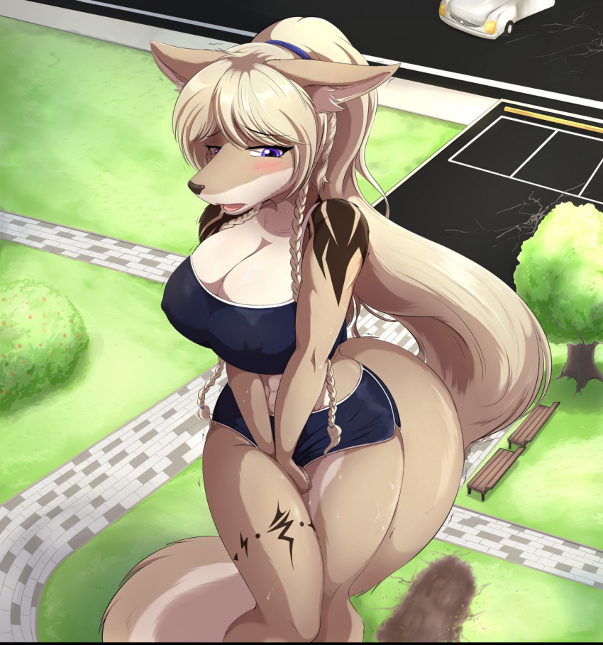 abs anthro arm_markings bench big_breasts blonde_hair blush bodily_fluids bottomwear braided_hair breasts bush_(disambiguation) canid canine canis car cleavage clothed clothing cracked_ground crop_top desperation female footprint fur grass hair hi_res high-angle_view holding_crotch hotpants huge_breasts lea_(son2j) leg_markings legs_together macro mammal markings midriff nipple_outline omorashi open_mouth park park_bench parking_lot path plant ponytail purple_eyes shaking shirt shorts shoulder_markings solo son2j sweat tan_body tan_fur tattoo thick_thighs tight_clothing topwear tree vehicle walking wolf