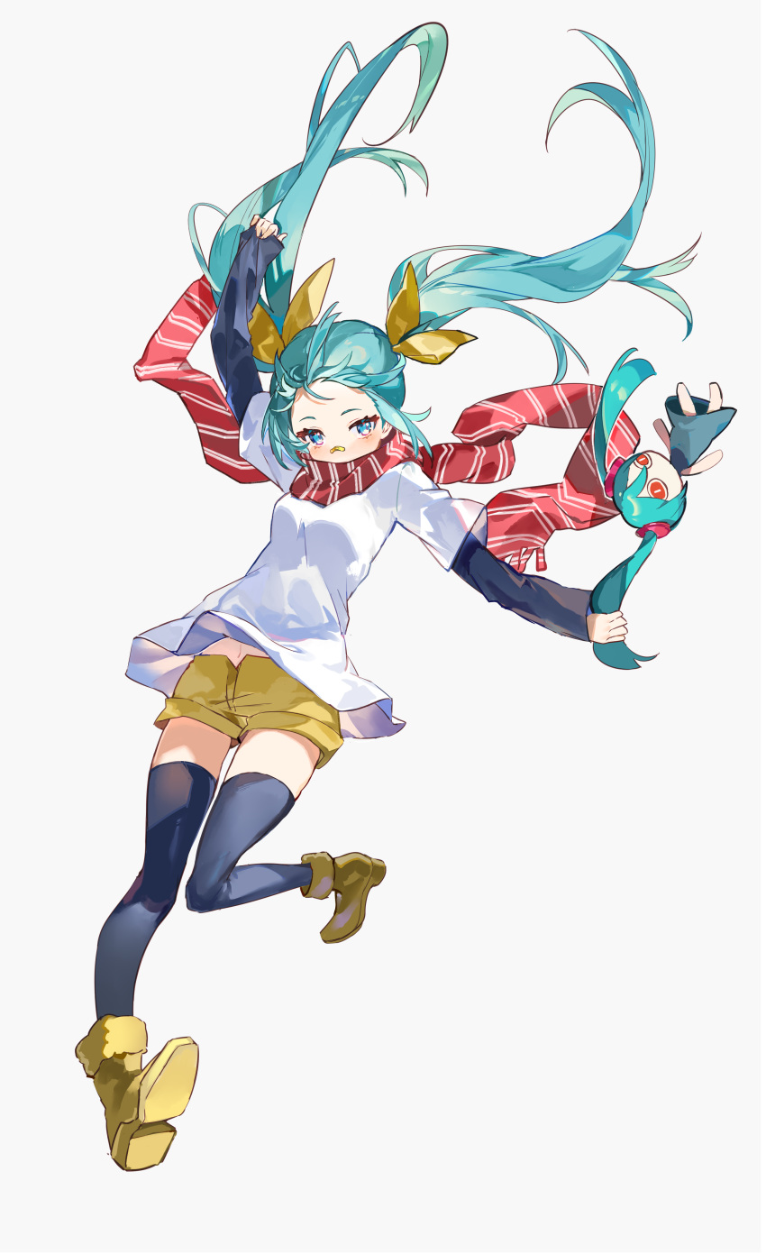 1girl 2girls absurdres aimaina aqua_hair arm_up bandaid bandaid_on_face black_legwear blue_eyes boots bow common_world_domination_(vocaloid) full_body grey_background hatsune_miku highres holding karasu_btk long_hair long_sleeves multiple_girls scarf shorts simple_background sleeves_past_wrists striped striped_scarf thighhighs twintails very_long_hair vocaloid yellow_bow yellow_footwear yellow_shorts
