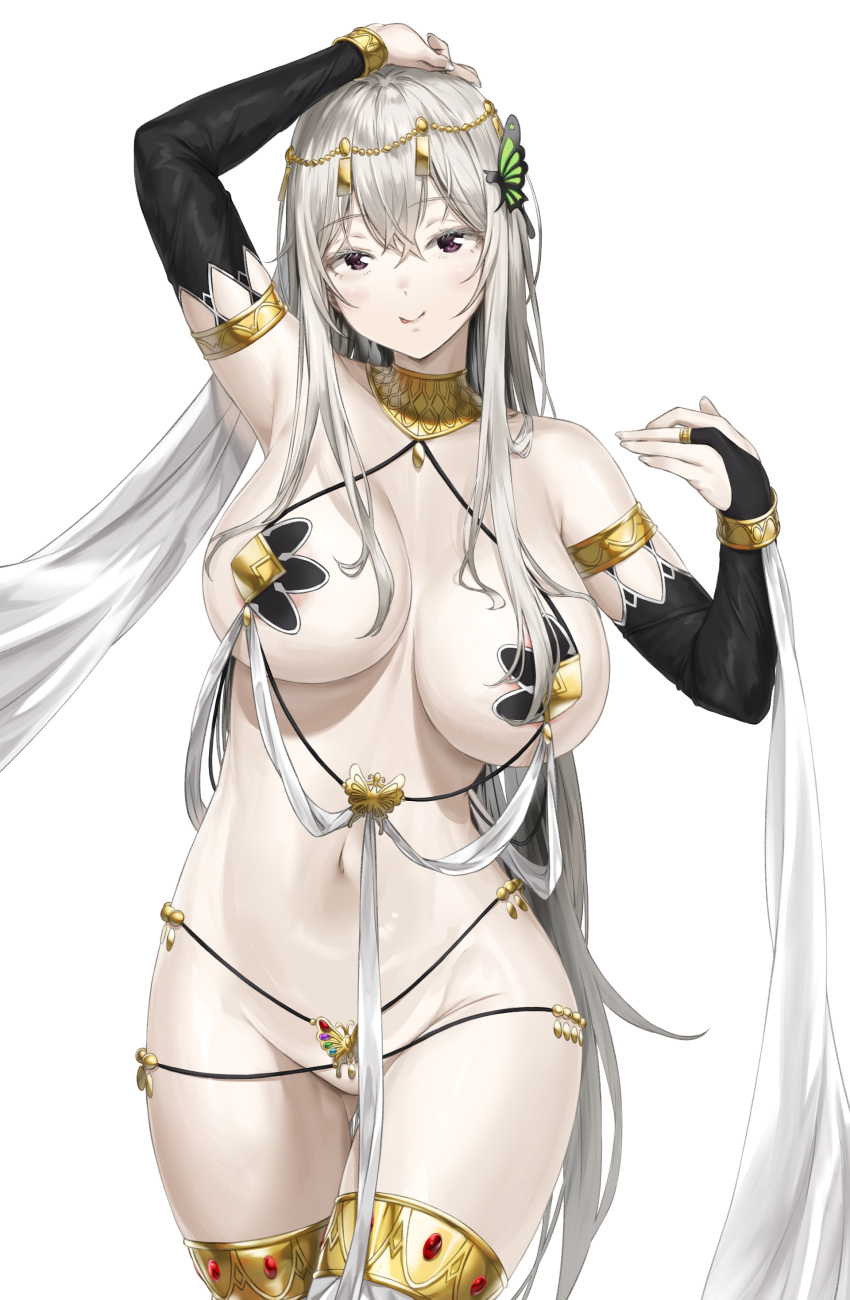 1girl absurdres bare_shoulders blush breasts butterfly_hair_ornament circlet cleavage commentary dancer echidna_(re:zero) hair_ornament highres huge_breasts jewelry large_breasts long_hair looking_at_viewer navel pixel_(yuxian) purple_eyes re:zero_kara_hajimeru_isekai_seikatsu silver_hair smile solo white_hair