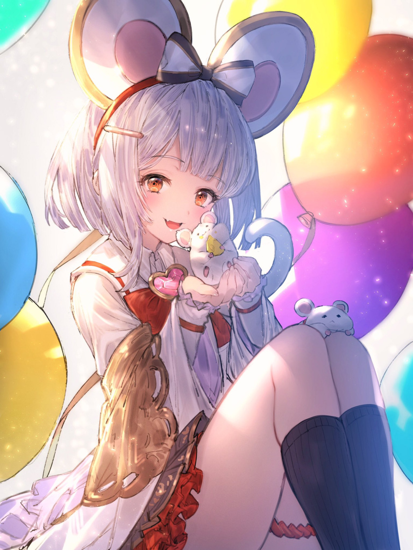 1girl animal animal_ears balloon bangs black_legwear blush brooch cheese collared_shirt commentary_request fake_animal_ears fang food granblue_fantasy hair_ornament hairband hairclip heart_brooch highres holding holding_animal honyaru_(nanairo39) jewelry kneehighs knees_up long_sleeves looking_at_viewer medium_hair mouse_ears open_mouth orange_eyes shirt sitting skin_fang smile solo thigh_strap thighs vikala_(granblue_fantasy) white_hair white_shirt