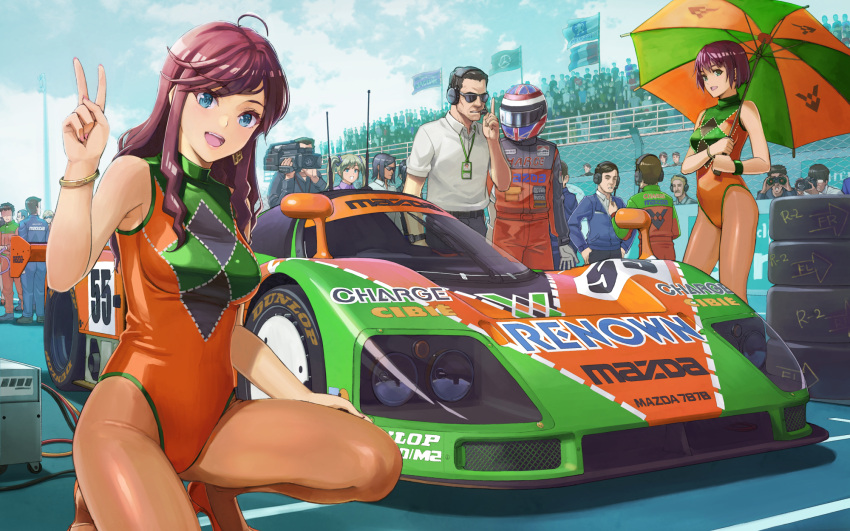 3girls 6+boys :d ahoge arrow_(symbol) bangs bare_shoulders belt binoculars black_hair blonde_hair blue_eyes blue_hair blush bodysuit bracelet brown_hair cable camera car clothes_writing cloud commentary_request day faceless facial_hair fingernails flag gloves green_eyes green_hair green_leotard grin ground_vehicle hand_on_thigh hands_on_hips headset helmet high_heels highleg highleg_leotard highres holding holding_umbrella index_finger_raised jacket jewelry johnny_herbert leotard lipstick long_fingernails long_hair looking_at_viewer makeup mazda mazda_787b microphone motor_vehicle multiple_boys multiple_girls mustache nail_polish name_tag necklace open_mouth orange_leotard original outdoors over_shoulder pants pantyhose pink_lips race_queen race_vehicle racecar racetrack racing_suit railing revision see-through_legwear shirt short_hair sidelocks sky smile squatting standing sunglasses swept_bangs tantaka tire turtleneck twintails umbrella v video_camera