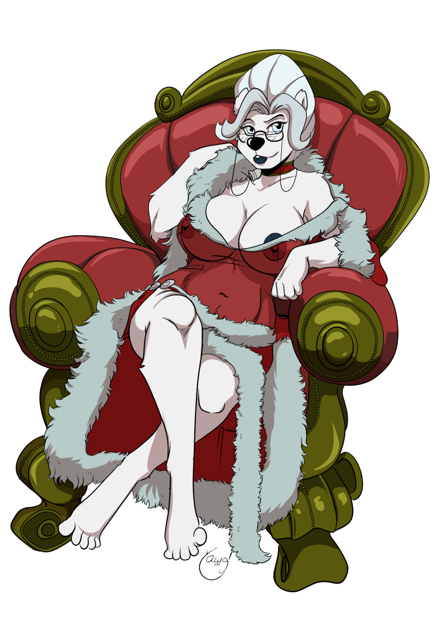 anthro bell breasts christmas christmas_clothing clothed clothing eyewear female fur glasses grey_hair hair hi_res holidays mammal mature_female nipples open_mouth open_smile partially_clothed polar_bear sitting smile solo teeth translucent translucent_clothing ursid ursine white_body white_fur yawg