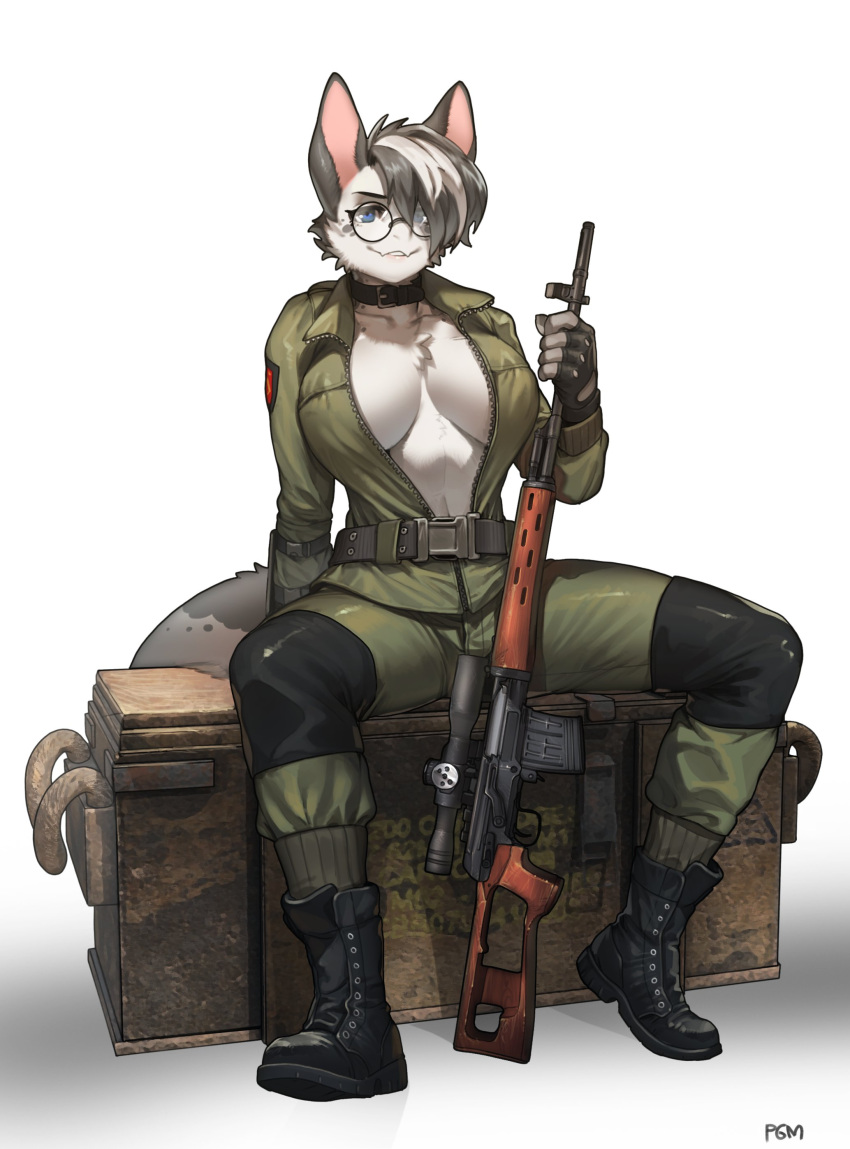 2022 absurd_res anthro belt blue_eyes boots breasts canid chest_tuft clothed clothing collar dragunov eyebrows eyelashes eyewear female footwear glasses gloves gun hair handwear hi_res looking_at_viewer mammal open_clothing pgm300 ranged_weapon rifle scope short_hair sitting smile sniper_rifle solo tuft weapon