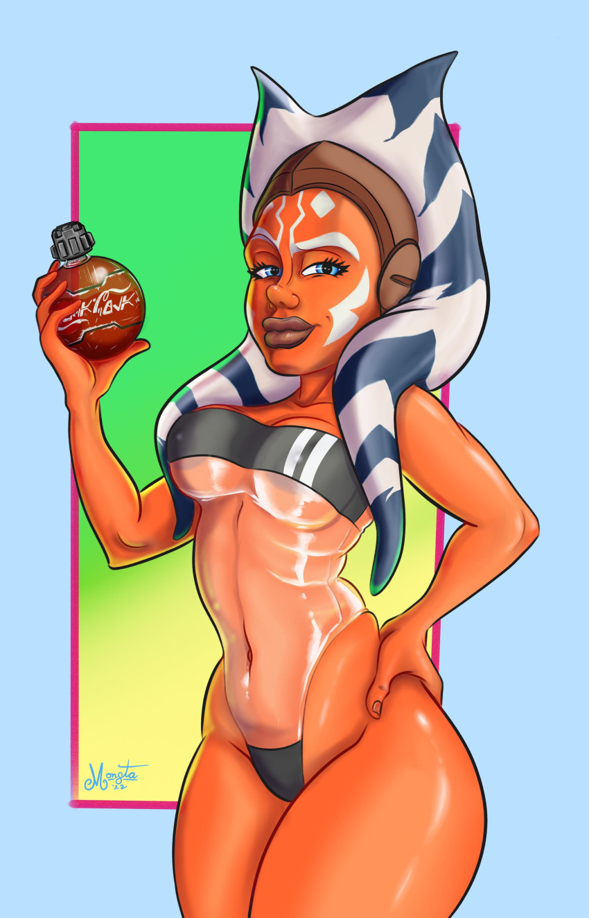 2022 absurd_res ahsoka_tano alien alien_humanoid areola aurebesh beverage blue_eyes breasts clothing eyelashes facial_markings female glistening gris_swimsuit hand_on_hip head_markings hi_res humanoid lekku_(anatomy) looking_at_viewer markings meme meme_clothing monstawain narrowed_eyes navel nipple_outline not_furry one-piece_swimsuit orange_body orange_skin solo star_wars swimwear togruta translucent translucent_clothing translucent_swimwear