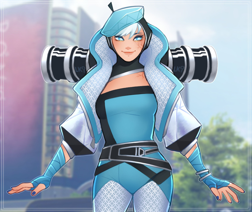 1girl absurdres apex_legends bandaged_hand bandages bangs beret blue_bodysuit blue_eyes blue_headwear blue_nails blurry blurry_background bodysuit breasts grey_jacket hat haute_drop_wattson highres jacket lila_(lilakeylk) looking_to_the_side official_alternate_costume olympus_(apex_legends) scar scar_on_cheek scar_on_face silver_hair small_breasts smile solo wattson_(apex_legends)