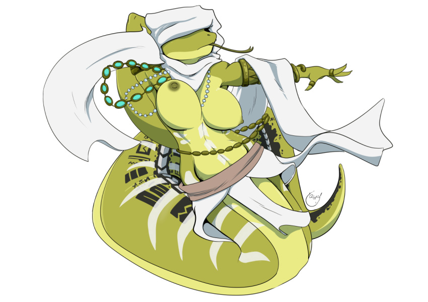 anthro breasts clothed clothing cobra female green_body jewelry legless nipples partially_clothed reptile scalie snake solo tattoo tongue tongue_out yawg