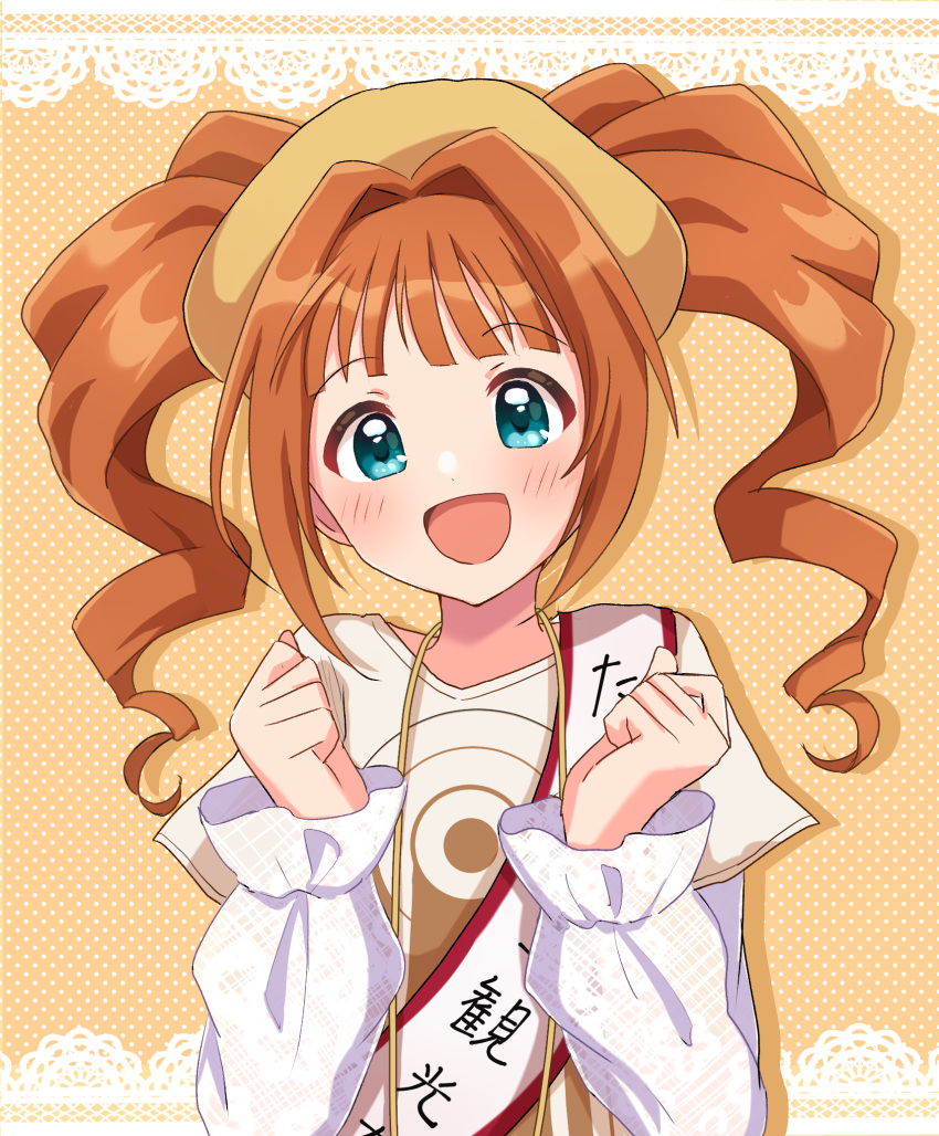 1girl artist_request commentary_request green_eyes highres idolmaster idolmaster_(classic) long_hair long_sleeves looking_at_viewer open_mouth orange_hair polka_dot polka_dot_background solo takatsuki_yayoi twintails upper_body