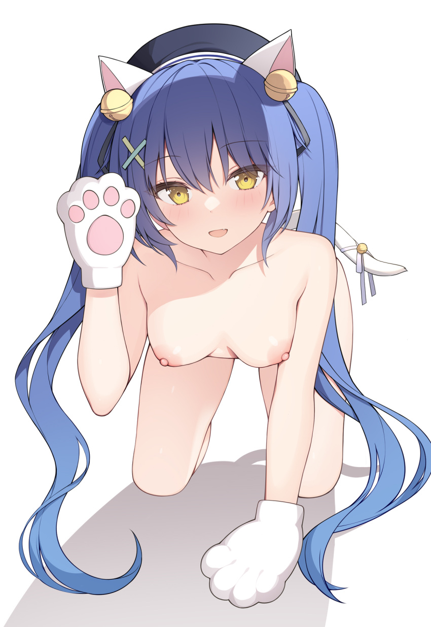 1girl :d all_fours amamiya_kokoro animal_ears animal_hands bangs barefoot bell beret black_headwear black_ribbon blue_hair breasts cat_ears cat_tail collarbone commentary_request completely_nude eyebrows_visible_through_hair full_body gloves hair_bell hair_between_eyes hair_ornament hair_ribbon hairclip hat highres jingle_bell jyt long_hair looking_at_viewer nijisanji nipples nude paw_gloves ribbon shadow small_breasts smile solo tail tail_bell tail_ornament twintails very_long_hair virtual_youtuber white_background white_gloves x_hair_ornament yellow_eyes