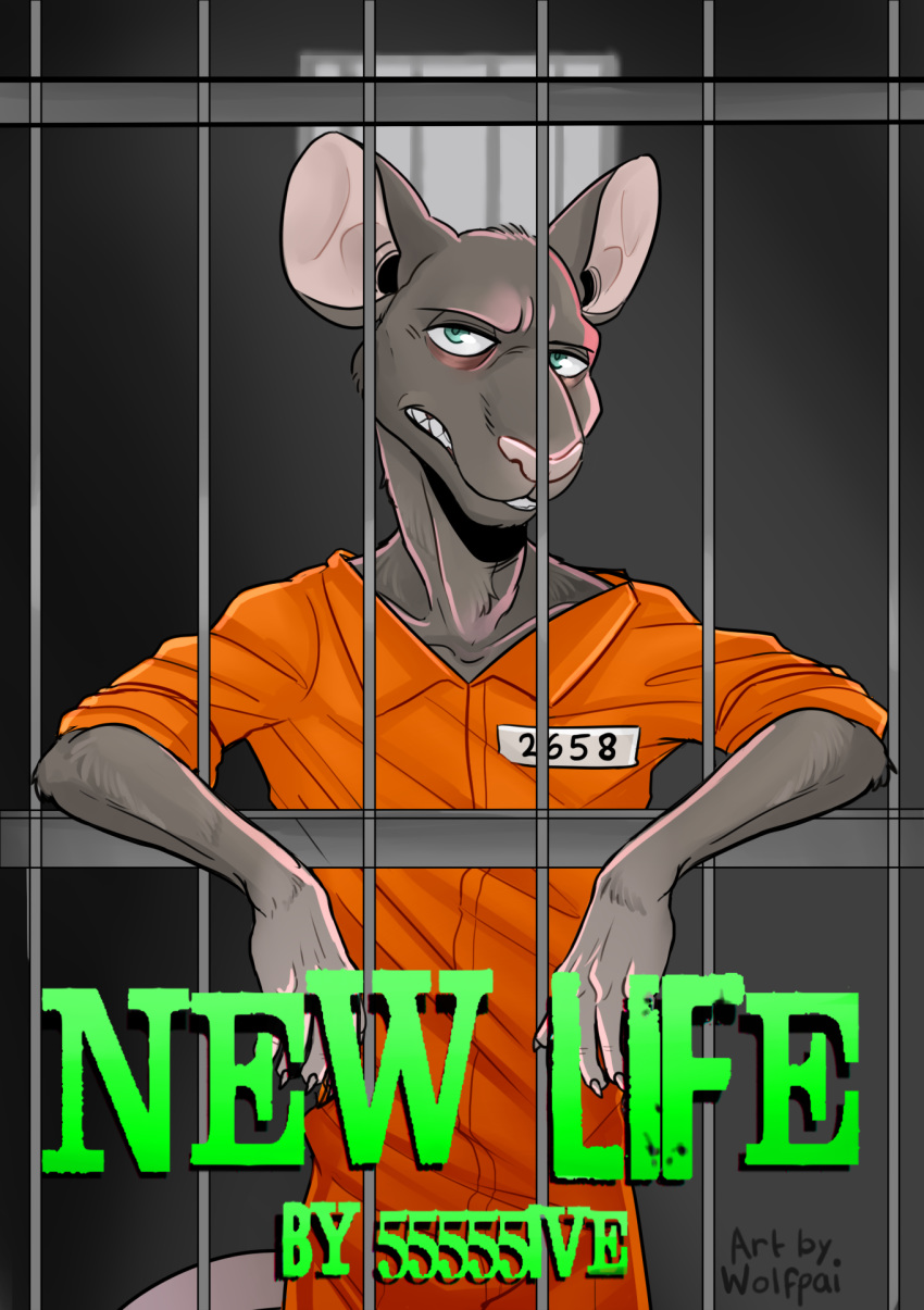 55555ive anthro big_ears book_cover chest_fur claws clothed clothing english_text frown green_eyes hair jumpsuit line_art long_tail male mammal paws prison rat rodent short_hair simple_background solo standing text white_background window wolfpai