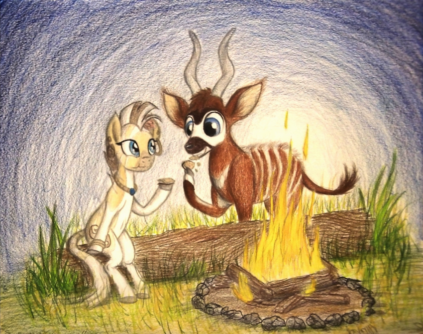 2016 ambiguous_gender antelope bakari_the_bongo black_fur black_mane black_nose blue_eyes bongo_(antelope) bovid bovine brown_fur brown_tail campfire cheek_bulge colored_pencil_(artwork) crumbs curved_horn cutie_mark duo ear_piercing ear_ring ear_stud eating equine eye_markings eyelashes facial_markings fan_character female feral fire food fur grass grey_hooves grey_horn holding_food holding_object hooves horn jewelry lighting log looking_at_another mammal mane markings mask_(marking) multicolored_fur my_little_pony necklace nia_the_quagga night outside piercing quadruped quagga rock s'more semi-anthro shadow sitting sky smile snout spiral-horned_antelope standing stone striped_fur stripes tail_tuft thefriendlyelephant toony traditional_media_(artwork) tuft two_tone_fur two_tone_mane white_fur white_mane white_markings white_stripes white_tail wood yellow_fur zebra