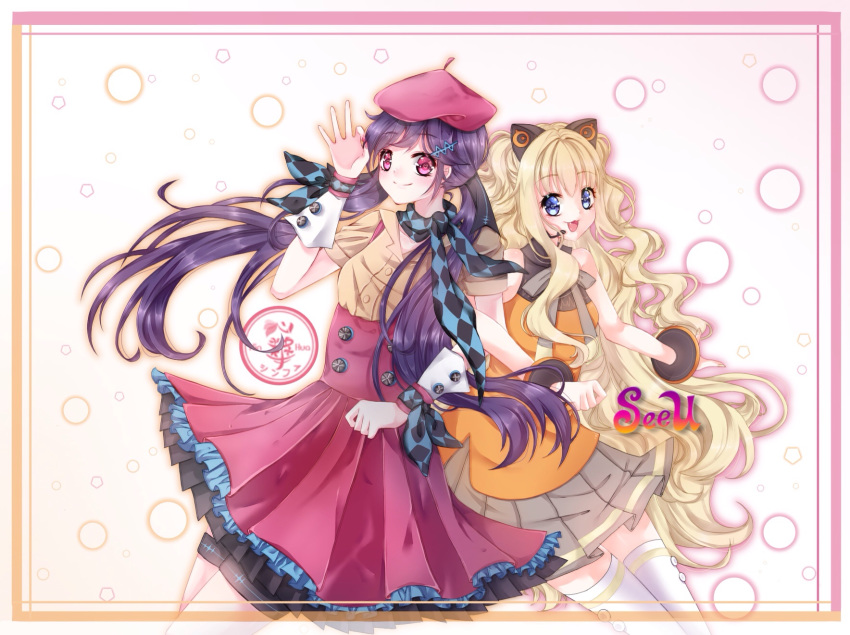 1girl 2girls animal_ears blonde_hair blue_eyes blue_scarf border bow cat_ears character_name checkered checkered_scarf dress fang grey_bow grey_skirt hair_ornament hand_up hat headset highres log long_hair looking_at_viewer multiple_girls nicolestar orange_dress pink_dress pink_eyes pink_hat pleated_skirt purple_hair scarf seeu sidelocks simple_background skirt smile solo standing thighhighs twintails very_long_hair vocaloid wavy_hair white_background white_legwear wrist_cuffs xin_hua