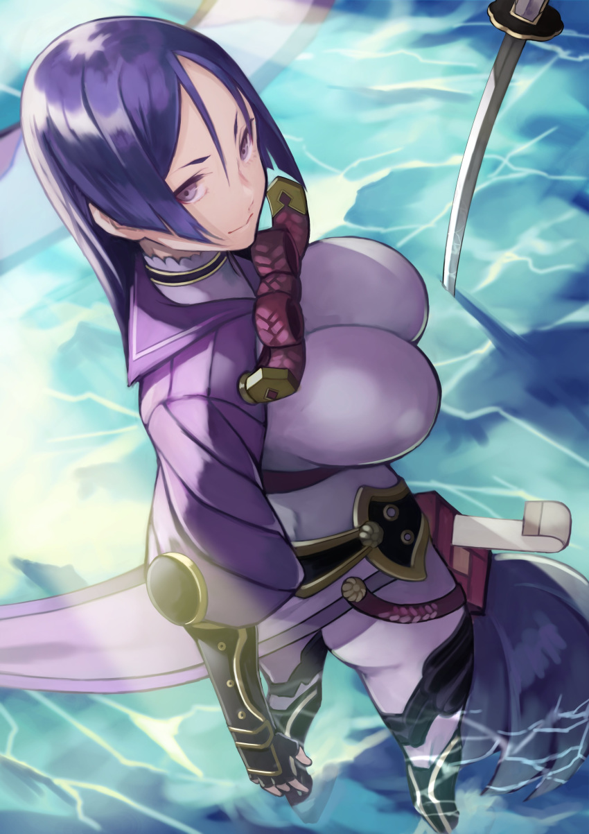 1girl absurdres armor bracer breasts fate/grand_order fate_(series) fingerless_gloves from_above gloves high_collar highres hip_armor katana large_breasts leg_armor minamoto_no_raikou_(fate/grand_order) pelvic_curtain puffy_sleeves purple_eyes purple_hair sailor_collar smile solo standing sword water weapon yoshi55level