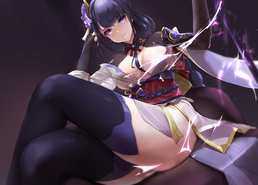 1girl areola_slip areolae armor bangs black_legwear braid breasts bridal_gauntlets censored cleavage closed_mouth commentary_request crossed_legs dutch_angle flower genshin_impact gong_cha hair_ornament highres japanese_clothes kimono large_breasts light_particles long_hair looking_at_viewer mole mole_on_breast mole_under_eye obi obiage obijime purple_eyes purple_flower purple_hair raiden_shogun revision ribbon sash shoulder_armor simple_background sitting solo sword thighhighs thighs weapon