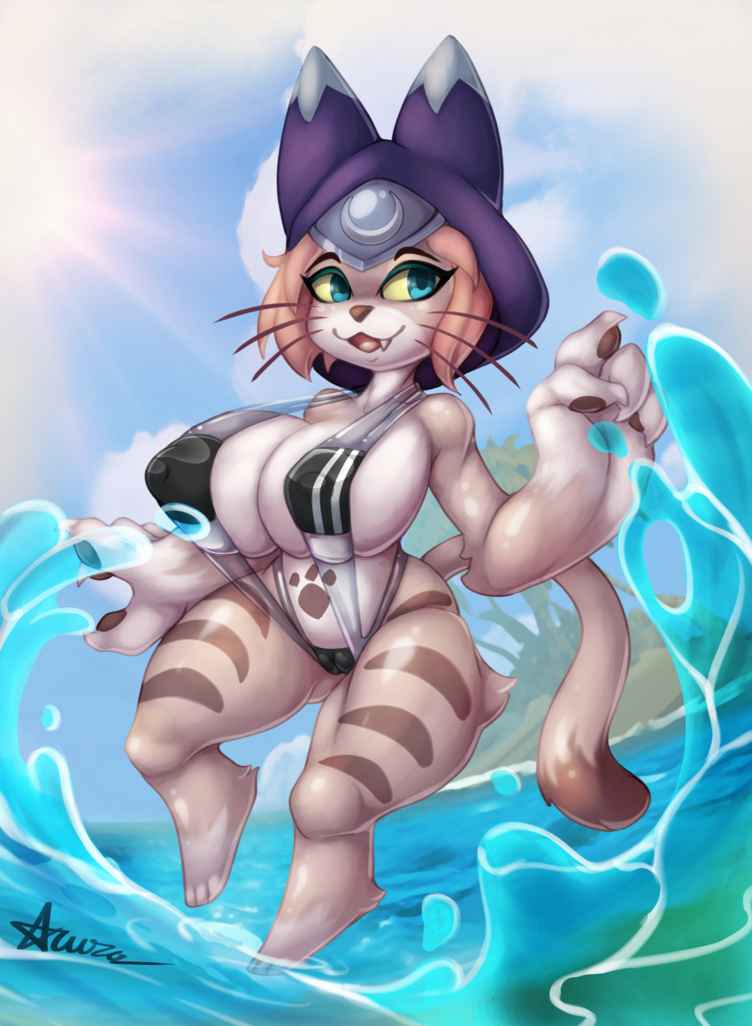 2022 absurd_res anthro areola azura_inalis big_breasts bikini breasts capcom clothing curvy_figure felid felyne female genitals gris_swimsuit hi_res huge_breasts huge_hips lynian mammal meme meme_clothing monster_hunter monster_hunter_stories monster_hunter_stories_2:_wings_of_ruin multicolored_body nipples one-piece_swimsuit palico pussy sling_bikini solo striped_body stripes swimwear thick_thighs translucent translucent_clothing translucent_swimwear tsukino_(monster_hunter_stories) video_games voluptuous wide_hips