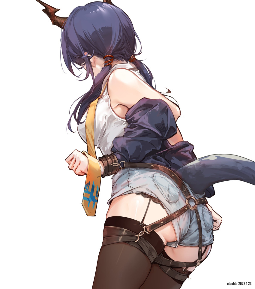 1girl arknights artist_name ass bare_shoulders bdsm black_hair black_jacket black_panties blue_shorts bondage bound bound_arms breasts brown_legwear ch'en_(arknights) clouble dated dragon_girl dragon_horns dragon_tail garter_straps gradient gradient_background grey_background highres horns jacket long_hair long_sleeves low_twintails medium_breasts necktie o-ring open_clothes open_jacket panties panty_peek shirt short_shorts shorts solo tail thighhighs twintails underwear white_shirt yellow_necktie