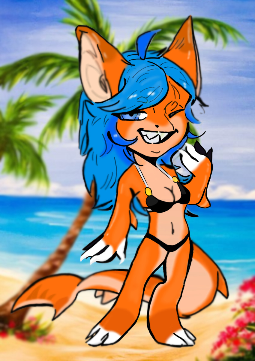 anthro beach bikini biped blue_eyes breasts clothed clothing digital_drawing_(artwork) digital_media_(artwork) eyebrows female fingers fish hair hi_res looking_at_viewer marine natasha_(pk) non-mammal_breasts not_furry palm_tree pk_artist plant seaside shark smile smiling_at_viewer solo standing swimwear teeth tree