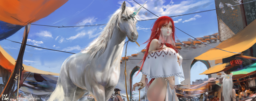 1girl bird breasts cloud commentary_request cowboy_shot crop_top crop_top_overhang highres horse large_breasts long_hair looking_to_the_side market mouth_veil navel orange_eyes original people red_hair sky solo_focus thighs unicorn veil web_address white_horse ydiya