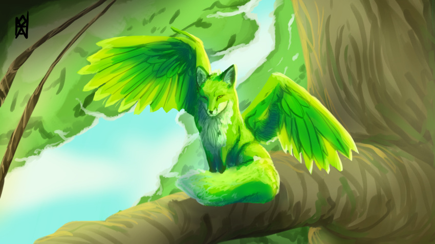 ambiguous_gender branch feathers feral forest fox_hybrid fur green_body green_feathers green_fur looking_at_viewer nahadon plant sitting solo spread_wings tail_wrapping tree wings yellow_eyes