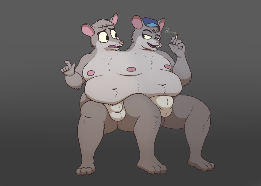 2_heads anthro bulge chubby_male conjoined duo hi_res male male/male mammal multi_head murid murine overweight overweight_male rat rodent smoking theyton