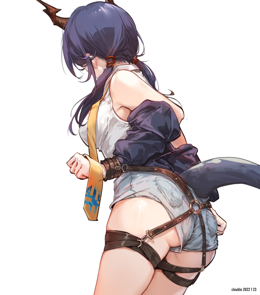 1girl arknights artist_name ass bare_shoulders bdsm black_hair black_jacket blue_shorts bondage bound bound_arms breasts ch'en_(arknights) clouble dated dragon_girl dragon_horns dragon_tail gradient gradient_background grey_background highres horns jacket long_hair long_sleeves low_twintails medium_breasts necktie o-ring open_clothes open_jacket shirt short_shorts shorts solo tail twintails white_shirt yellow_necktie