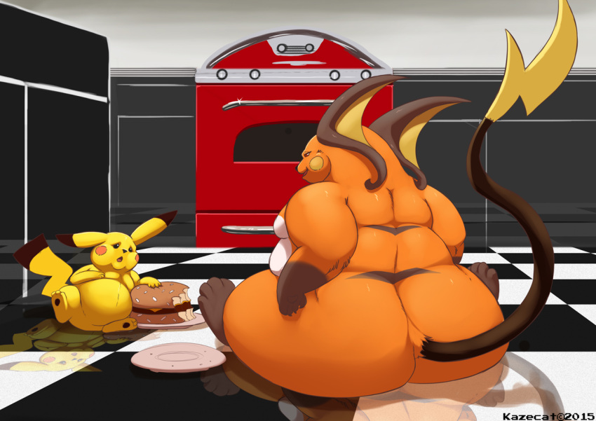 2015 anthro appliance belly big_belly big_butt burger butt cocoa_(cheesecaker) duo eating eating_food female feral food fur huge_butt kazecat kitchen kitchen_appliance male male/female mammal nintendo nude obese obese_anthro obese_female obese_male oven overweight overweight_anthro overweight_female overweight_male pikachu pok&eacute;mon pok&eacute;mon_(species) raichu rodent sitting sitting_on_floor size_difference sparks_(cheesecaker) video_games