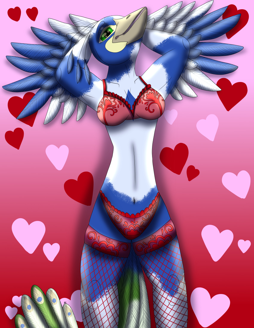 &lt;3 absurd_res anthro avian bird breasts clothing detailed feathers female galliform hi_res holidays knot_safe_fur_work lgbt_pride lingerie love magazine magazine_page peacock_feather peafowl phasianid pinup pose raevi10 simple_background solo trans_(lore) trans_woman_(lore) valentine's_day