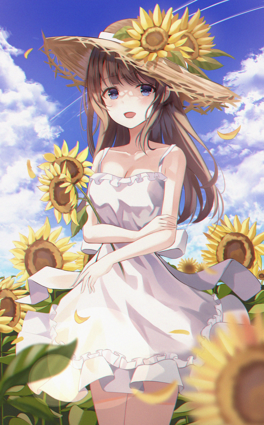 1girl :d absurdres bangs bare_arms blue_eyes blue_sky blunt_bangs breasts brown_hair cloud collarbone commentary_request contrail day dress eyebrows_visible_through_hair flower hat hat_flower highres leepy long_hair looking_at_viewer open_mouth original outdoors sky small_breasts smile solo standing sun_hat sundress sunflower sunflower_petals symbol-only_commentary white_dress