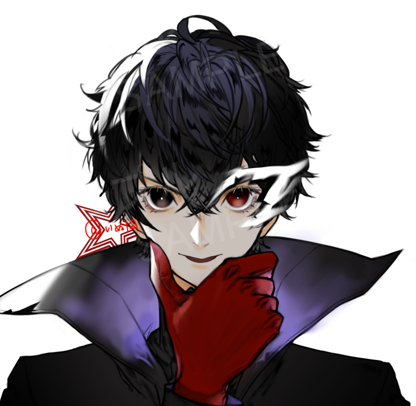 1boy amamiya_ren black_eyes black_hair coat gloves hair_between_eyes hand_on_own_chin heterochromia highres looking_at_viewer mask open_mouth persona persona_5 red_eyes red_gloves sample shihpa simple_background solo star_(symbol) twitter_username upper_body watermark white_background