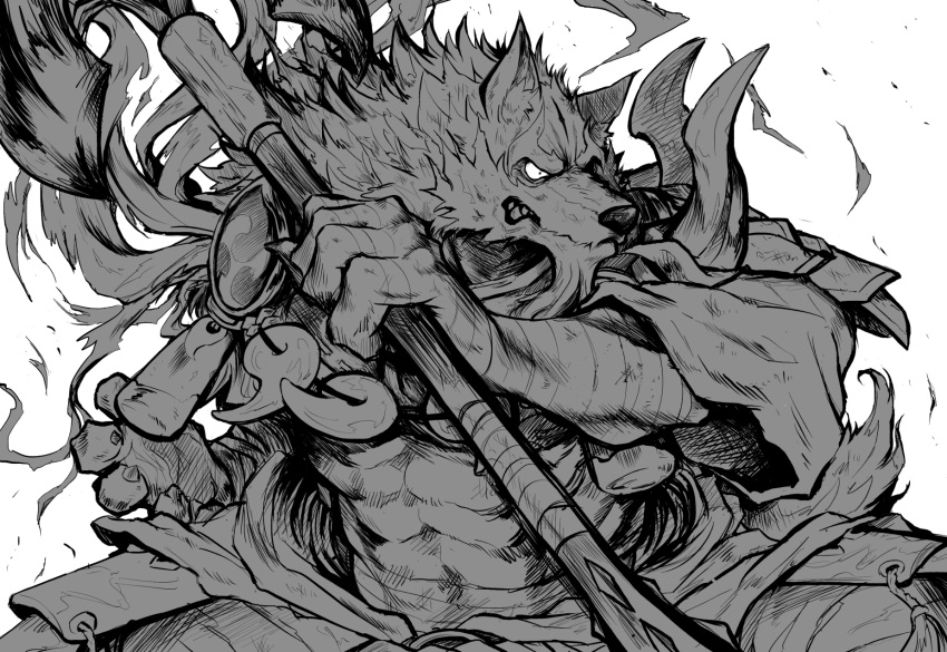 2022 5_fingers abs anthro arm_wraps canid canine canis chest_wraps claws eyebrows fingers fur greyscale hi_res holding_mace humanoid_hands inner_ear_fluff law_(sdorica) magatama male mammal monochrome muscular muscular_anthro muscular_male nao901 sdorica simple_background solo thick_eyebrows tuft white_background wolf wraps