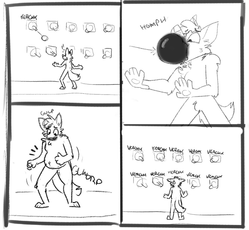 2021 anthro black_and_white bodily_fluids canid canine canis chubby_anthro comic coyote exclamation_point forced goop hand_on_stomach looking_at_self male mammal monochrome onomatopoeia rain_(vanillayote) slightly_chubby small_waist solo sound_effects sweat sweatdrop text vanillayote weight_gain