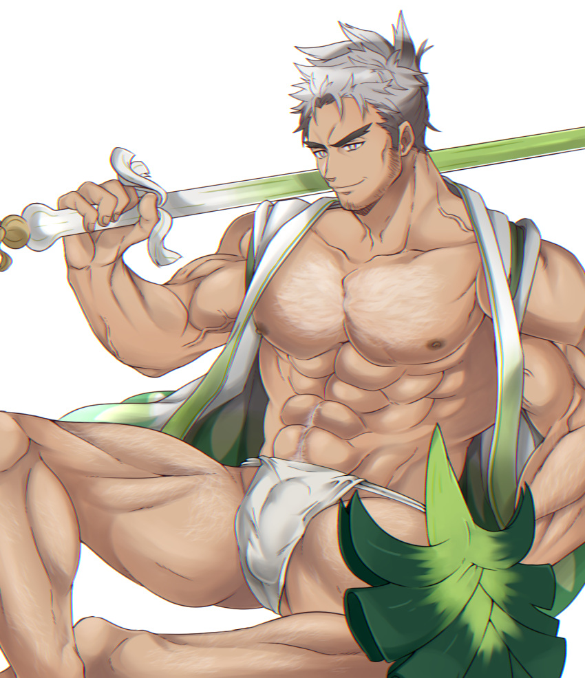 1boy abs bara bare_arms bare_legs bare_pectorals bulge chest_hair closed_mouth collarbone facial_hair feet_out_of_frame fundoshi grey_hair highres holding holding_weapon japanese_clothes knees_apart_feet_together kurazon_(climb_zombie) leg_hair male_focus male_underwear muscular navel_hair nipples over_shoulder pectorals personification pokemon shield sideburns simple_background sirfetch'd sitting smile solo spread_legs spring_onion stubble thick_eyebrows underwear veins weapon weapon_over_shoulder white_background white_male_underwear