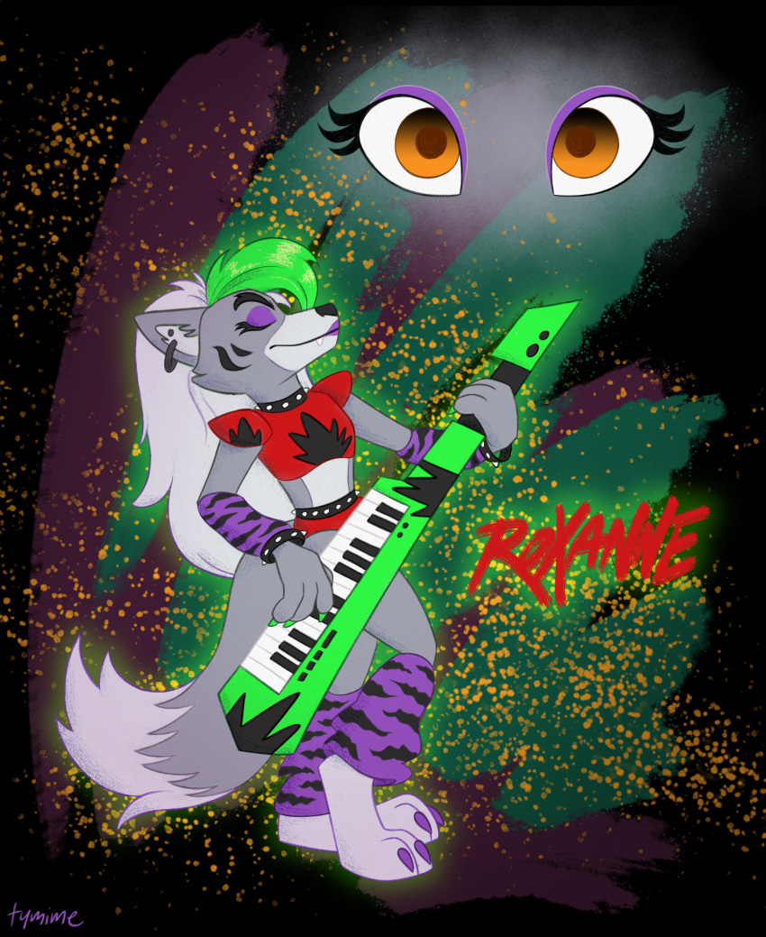abstract_background absurd_res anthro arm_warmers armwear bracelet canid canine canis claws clothing collar ear_piercing ear_ring eyes_closed eyeshadow fangs female five_nights_at_freddy's five_nights_at_freddy's:_security_breach fur grey_body grey_fur hair hi_res jewelry keyboard_instrument keytar leg_warmers legwear lipstick long_hair looking_at_viewer makeup mammal midriff musical_instrument piercing playing_music roxanne_wolf_(fnaf) scottgames solo spiked_collar spikes tymime video_games wolf yellow_eyes