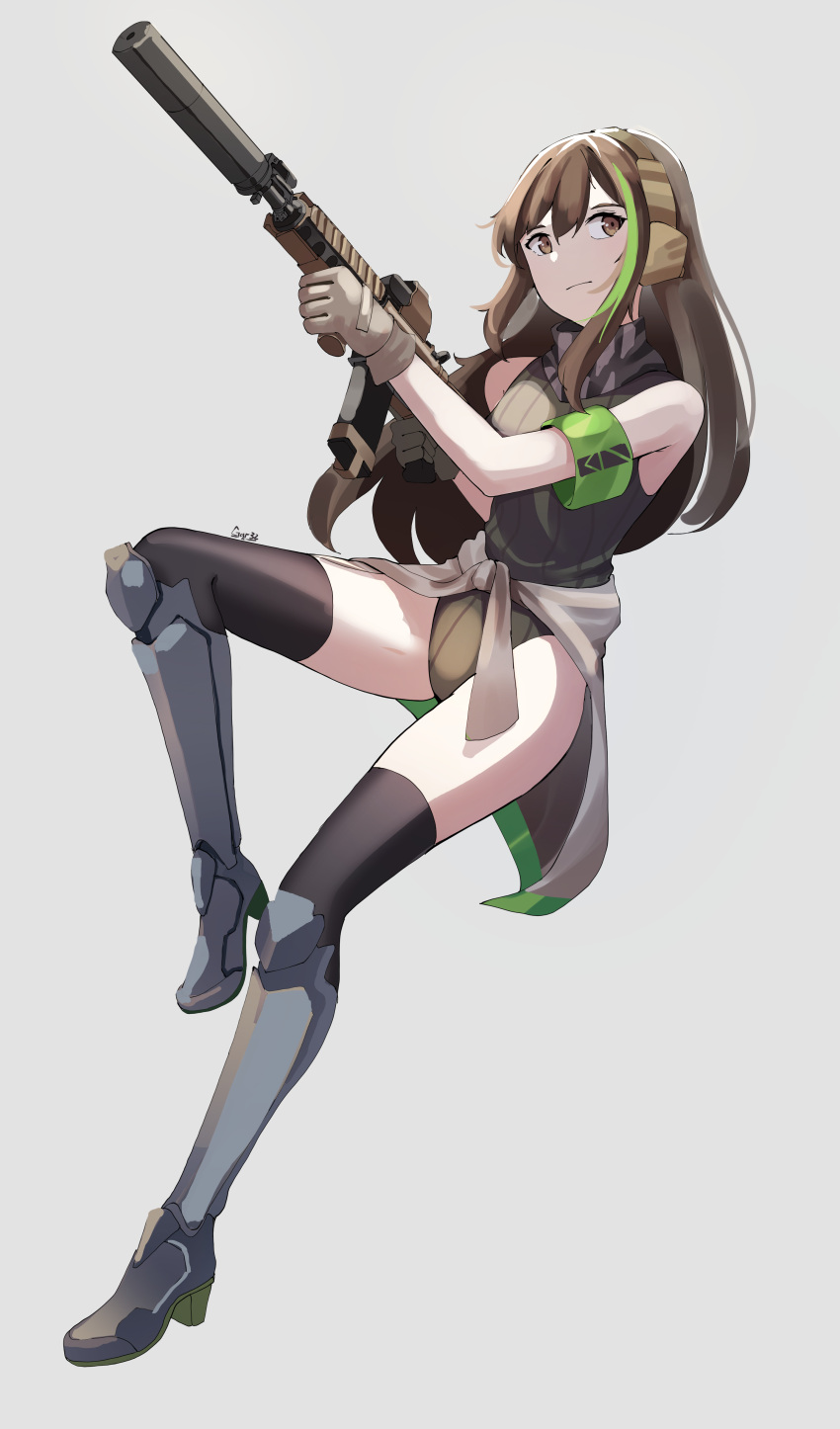 1girl absurdres armband armored_boots assault_rifle bangs bare_shoulders black_legwear black_leotard boots brown_eyes brown_gloves brown_hair commentary_request eyebrows_visible_through_hair full_body gar32 girls'_frontline gloves green_hair grey_background gun hair_between_eyes highres holding holding_gun holding_weapon knee_boots leotard long_hair m4_carbine m4a1_(girls'_frontline) multicolored_hair object_namesake rifle signature simple_background solo streaked_hair thighhighs very_long_hair weapon