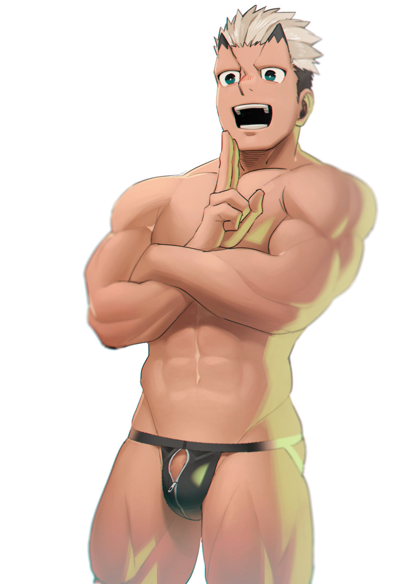 1boy :d abs absurdres bad_id bad_twitter_id bara black_hair black_male_underwear blonde_hair blue_scarf bulge crossed_arms crotch_cutout feet_out_of_frame flaccid hand_gesture highres horns jiraiya_(housamo) jockstrap male_focus male_underwear multicolored_hair muscular muscular_male navel nywlub_(bulwyn) oni pectorals penis penis_peek pointy_ears scarf short_hair sideburns skin-covered_horns smile solo stomach thick_thighs thighs tokyo_afterschool_summoners topless_male two-tone_hair undercut underwear underwear_only zipper