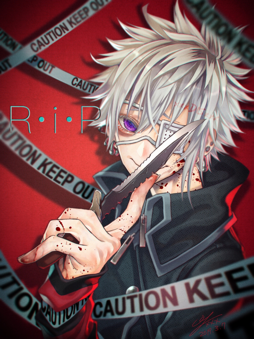 1boy blood blood_on_face blood_on_hands caution_tape closed_mouth combat_knife crack ear_piercing earrings english_text eyelashes eyepatch fingernails grey_hair hair_between_eyes highres holding holding_knife holding_weapon jewelry knife male_focus original piercing purple_eyes sign sleeves_past_wrists smile solo warning_sign weapon yokaze_(xxxdisxxx) zipper_pull_tab
