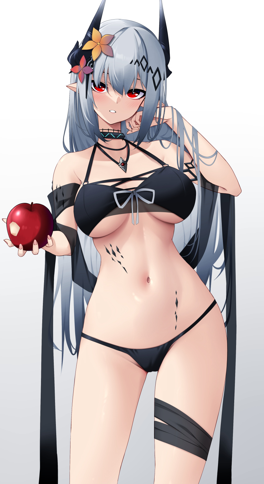 1girl absurdres apple arknights armlet bangs bare_shoulders bikini bitten_apple black_bikini black_choker blush breasts choker cleavage collarbone commentary contrapposto cowboy_shot demon_horns eyebrows_behind_hair flower food food_bite fruit groin hair_between_eyes hair_flower hair_ornament hand_in_hair hand_up highres holding holding_food holding_fruit horns infection_monitor_(arknights) jewelry large_breasts long_hair looking_at_viewer mudrock_(arknights) mudrock_(silent_night)_(arknights) navel necklace official_alternate_costume oripathy_lesion_(arknights) parted_lips pointy_ears red_eyes see-through shawl sidelocks silver_hair simple_background solo standing stomach swimsuit thigh_strap underboob white_background yellow_flower z.taiga