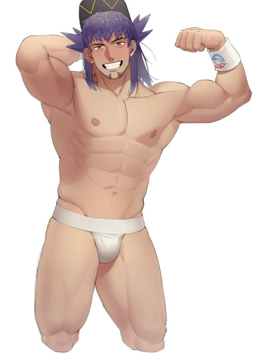 1boy abs alternate_skin_color bad_id bad_twitter_id bara baseball_cap biceps blush bright_pupils bulge cropped_legs facial_hair flexing goatee half-closed_eyes hat highres jockstrap large_pectorals leon_(pokemon) long_hair looking_at_viewer male_focus male_underwear muscular muscular_male navel nipples nywlub_(bulwyn) pectorals pokemon pokemon_(game) pokemon_swsh pose purple_hair seductive_smile skindentation smile solo stomach topless_male underwear underwear_only wet wet_clothes wet_male_underwear white_pupils yellow_eyes