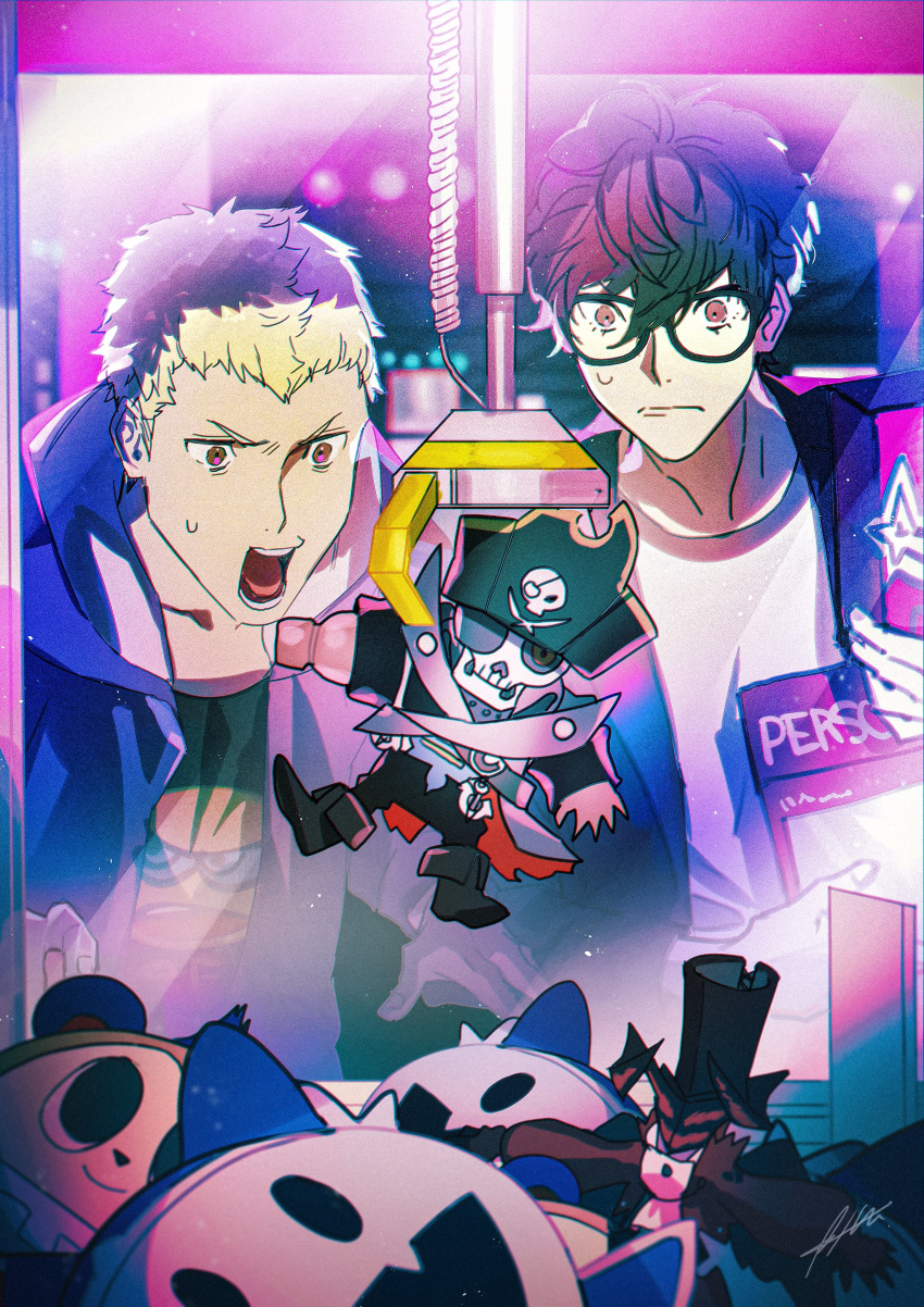 2boys absurdres arsene_(persona_5) bangs black_hair blonde_hair btmr_game captain_kidd_(persona) closed_mouth commentary_request crane_game glasses highres jack_frost jacket kuma_(persona_4) male_focus multiple_boys open_clothes open_jacket open_mouth persona persona_4 persona_5 red_eyes sakamoto_ryuuji shin_megami_tensei shirt signature stuffed_toy sweat t-shirt