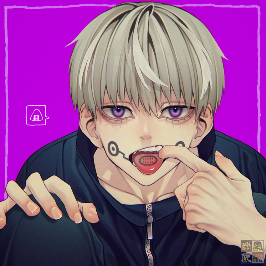 1boy absurdres border dated facial_mark finger_in_mouth fingernails food grey_hair hair_between_eyes highres inumaki_toge jujutsu_kaisen looking_at_viewer male_focus onigiri open_mouth purple_background purple_eyes signature simple_background solo speech_bubble tattoo teeth tongue tongue_out tongue_tattoo veins yokaze_(xxxdisxxx) zipper zipper_pull_tab